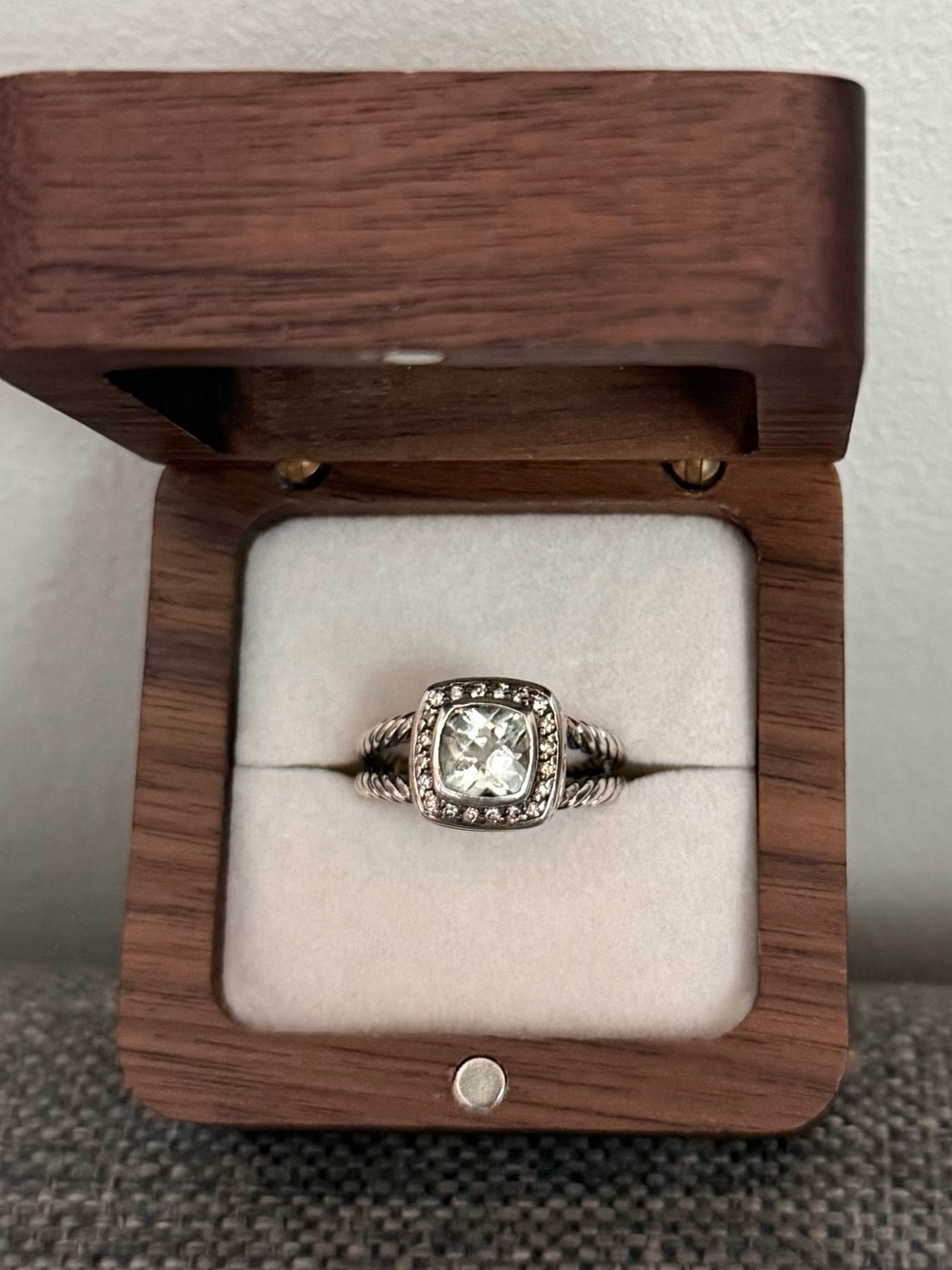 David Yurman Petite Albion Prasiolite with Diamonds Cable Cushion Cut Ring Sz 6